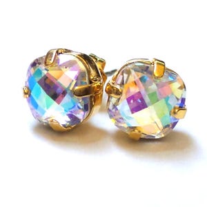 Glimmer, 8mm, AB, crystal Stud Earrings, High Sparkle, Rainbow, Square, Bridal, DKSJewelrydesigns,