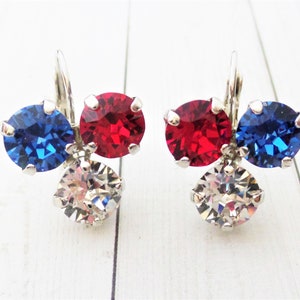 Celebrate America, Finest Crystal, Red, White, Blue Earrings, Lever Backs, 8MM, Military, July 4TH,DKSJewelrydesigns