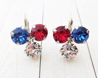 Celebrate America, Finest Crystal, Red, White, Blue Earrings, Lever Backs, 8MM, Military, July 4TH,DKSJewelrydesigns