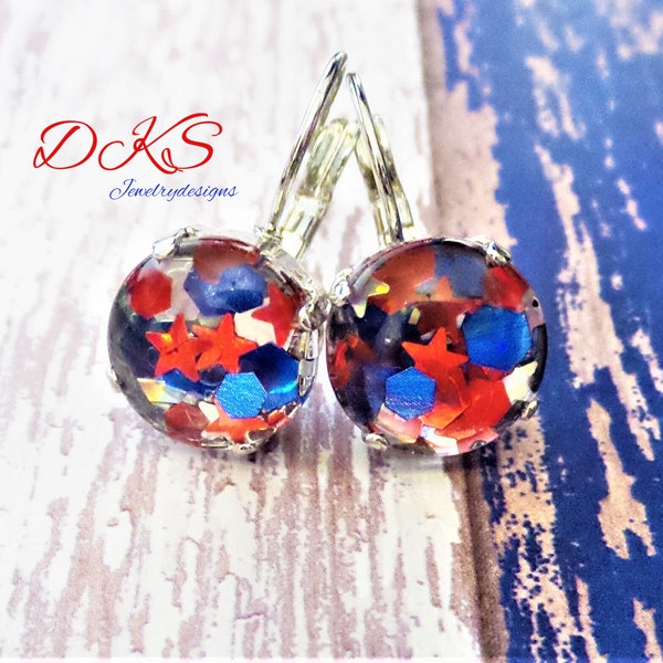 Independence Day, crystal 12mm Confetti Earrings, Glass Cabochon, No Two Alike, Lever Backs, DKSJewelrydesigns, FREE SHIPPING