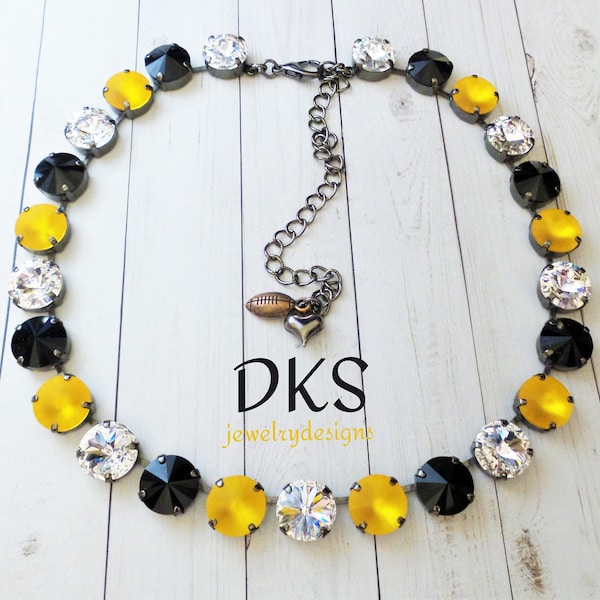 Pittsburgh Steelers, Crystal Necklace, 12mm, Adjustable, Black, Gold, Football, Sports, Team, DKSJewelrydesigns, FREE SHIPPING