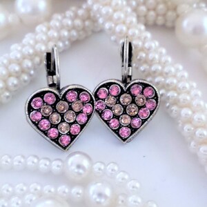 Crystal,  Heart Lever Back Earrings, Antique Silver, Blush Rose, Rose, Dangles, Drops, Valentines, Gift,DKSJewelrydesigns