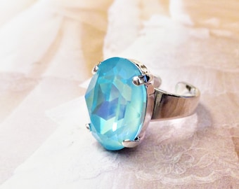 Light, Ultra, Turquoise AB, Crystal, Ring, Oval, Blue, Bridal, Adjustable, 8in. to 9in. NonTarnish, Silver, DKSJewelrydesigns, FREE SHIPPING