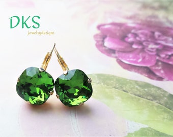 Crystal, Fern Green, 12mm Square Earrings, Cushion Cut, Gold, Bridal, Lever Backs, DKSJewelrydesigns, FREE SHIPPING