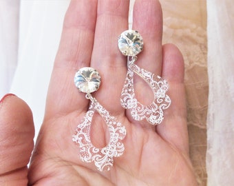 Crystal and Lace, Dangle, Drop Earrings, Acrylic, Clear Crystal, Bridal, Teardrop, DKSJewelrydesigns,FREE SHIPPING