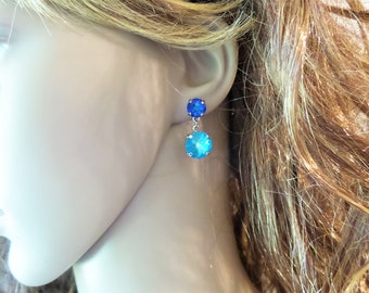 Blue, Crystal Earrings, Dangles, Studs, Flexible, Double Earring, Bridal, Jewelry, Gift, DKSJewelrydesigns. FREE SHIPPING