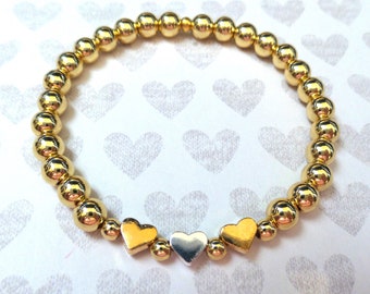 Gold Stretch Bracelet, 18 K Gold Filled, Triple Hearts, Valentines Gift, Love Gift, 6mm Beads, DKSJewelrydesigns, FREE SHIPPING