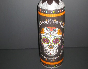 Sugar skull wine bottle light whimsical decorative handcrafted white lights Day of the Dead