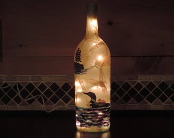 Loon wine bottle light - tissue paper collage - large wine bottle nightlight - loon and baby - lake decor - lodge decor - loon and cattails