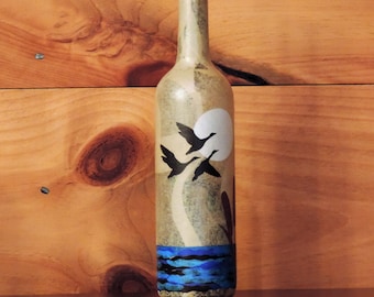 Handcrafted wine bottle light - Night light with geese flying over a lake collage