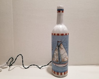 Handcrafted Nightlight - night light with printed sailboat decoupage