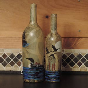 Loon wine bottle light tissue paper collage large wine bottle nightlight loon and baby lake decor lodge decor loon and cattails image 5