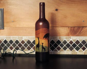 Giraffes at sunset wine bottle light nightlight - orange yellow brown and black - baby giraffe - wine bottle with mini lights