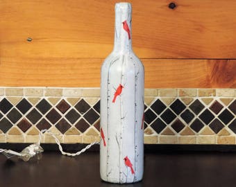 Birch Trees and Cardinals wine bottle light - handcrafted - nightlight - tissue paper collage