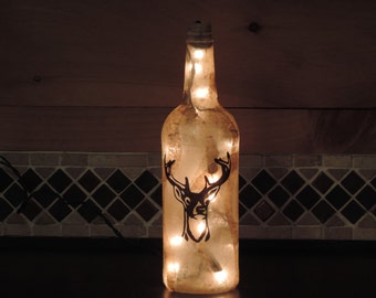 Deer Head wine bottle light 8 point buck handcut tissue paper collage rustic camp decor