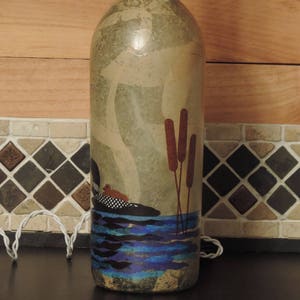 Loon wine bottle light tissue paper collage large wine bottle nightlight loon and baby lake decor lodge decor loon and cattails image 4