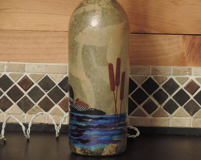 Loon wine bottle light tissue paper collage large wine bottle nightlight loon and baby lake decor lodge decor loon and cattails image 4