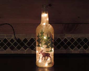 Moose and pine trees wine bottle light Rustic nightlight lodge decor camp living handcrafted