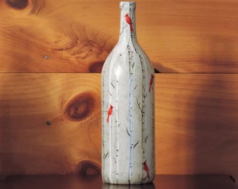Birch Trees and Cardinals wine bottle light - handcrafted - nightlight - tissue paper collage - magnum size