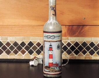 Wine bottle light with lighthouse - nautical themed nightlight