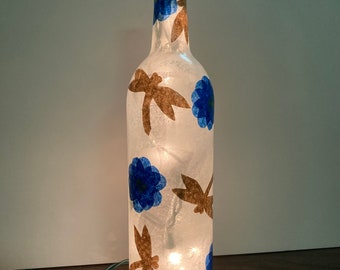 Handcrafted night light with dragonflies and blue flowers - dragonfly light