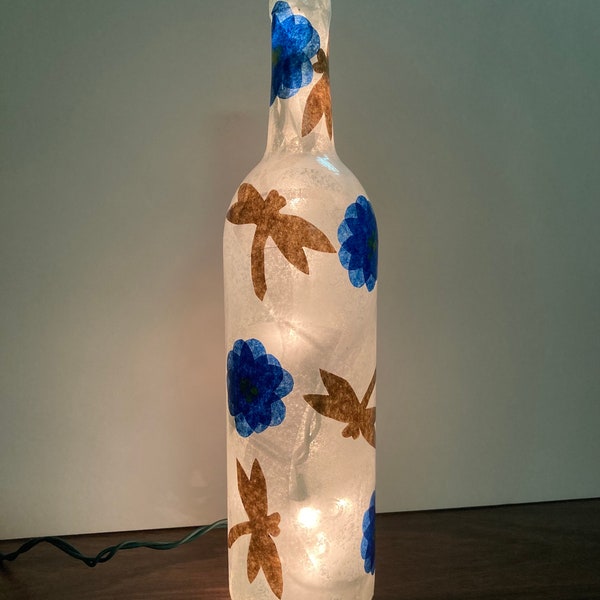 Handcrafted night light with dragonflies and blue flowers - dragonfly light