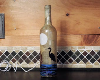 Handcrafted Night light with Great Blue Heron collage - wine bottle light