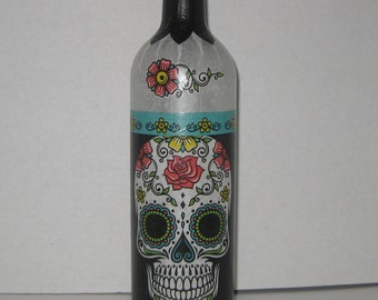 Sugar skull wine bottle light whimsical decorative handcrafted white lights Day of the Dead