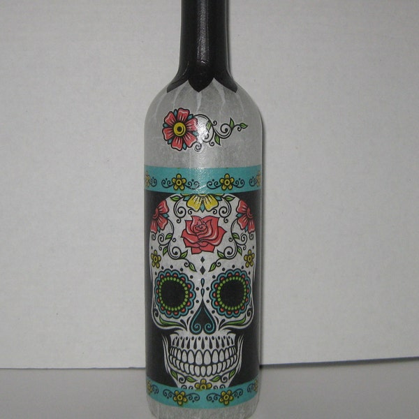 Sugar skull wine bottle light whimsical decorative handcrafted white lights Day of the Dead