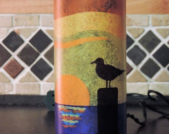 Beach scene - seagull with sunset - handcrafted wine bottle light - tissue paper collage - nightlight