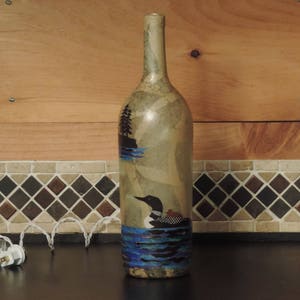 Loon wine bottle light tissue paper collage large wine bottle nightlight loon and baby lake decor lodge decor loon and cattails image 2