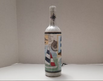 Wine bottle light with - sailboat -lighthouse - nautical themed nightlight