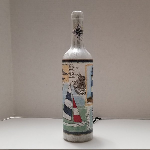 Wine bottle light with - sailboat -lighthouse - nautical themed nightlight