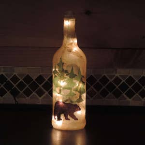 Black Bear and pine trees wine bottle light rustic camp decor