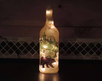 Black Bear and pine trees wine bottle light rustic camp decor