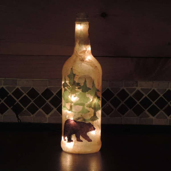 Black Bear and pine trees wine bottle light rustic camp decor