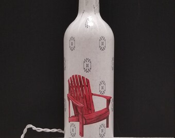 Hand crafted night light-tissue paper decorated night light-wine bottle red beach chair