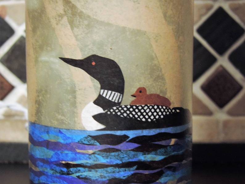 Loon wine bottle light tissue paper collage large wine bottle nightlight loon and baby lake decor lodge decor loon and cattails image 3