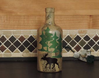 Moose and pine trees bottle light Rustic nightlight lodge decor camp living handcrafted