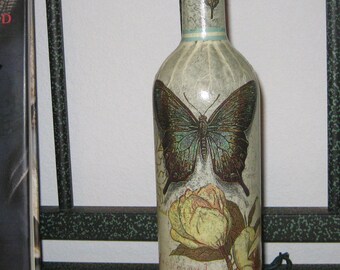 Blue Butterfly and magnolias wine bottle light - nightlight - lighted wine bottle with butterfly