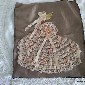 A Beautiful Embroidered Picture Crinline Lady Lovely Display Piece