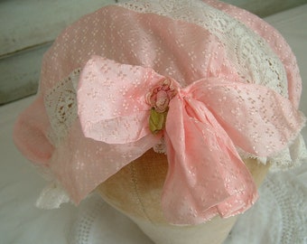 A Beautiful Boudoir Cap in Pink Perfect for a Collection/Ribbonwork/Ribbon Rosette