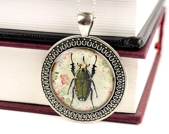 Beetle Necklace | Handmade Scarab Pendant | Entomology Jewellery with Floral Artwork