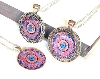 Pink Mandala Necklace – Handmade Pendant in Antique Silver-Colour Frame