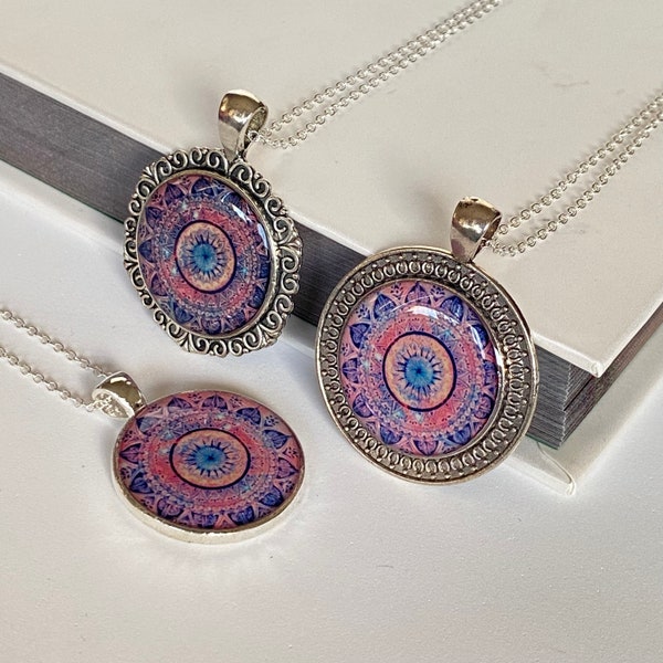 Mandala Necklace | Handmade Pendant with Matching Chain | Resin Necklace | Antique Silver Colour |