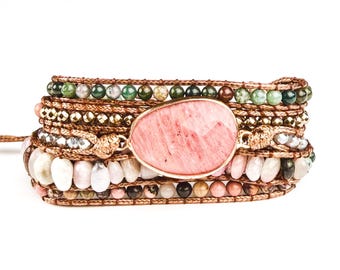 Rhodonite Bracelet | Handmade Adjustable Boho Wrap Around Bracelet