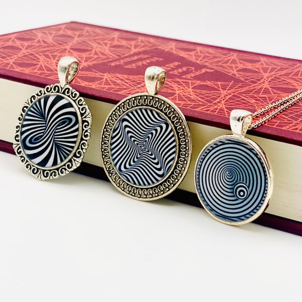 Optical Illusion Necklace | Black and White Stripes and Circles | Handmade Pendant with Chain | Hypnotic Spiral | Retro Goth Monochrome Punk