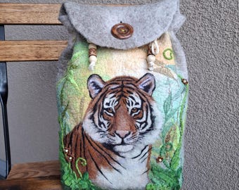 Mochila de lana de tigre, bolso de tigre de fieltro, mochila de animales hecha a mano, bolso de fieltro húmedo único, arte portátil ecológico, regalo único para ella, lindo