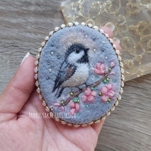 Needle felted bird pin, Felted bird brooch