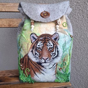 Unieke rugzak met tijgerprint, wollen rugzak, tijgerrugzak, ecologische viltwol
